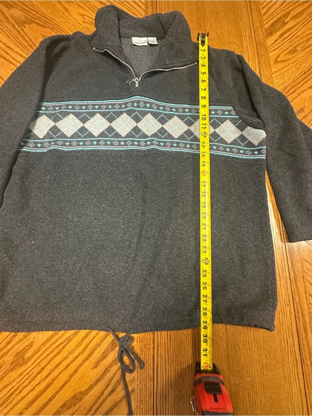 Fashion Bug Women’s Charcoal Zip-Up Sweater with Blue & Cream Argyle Band
